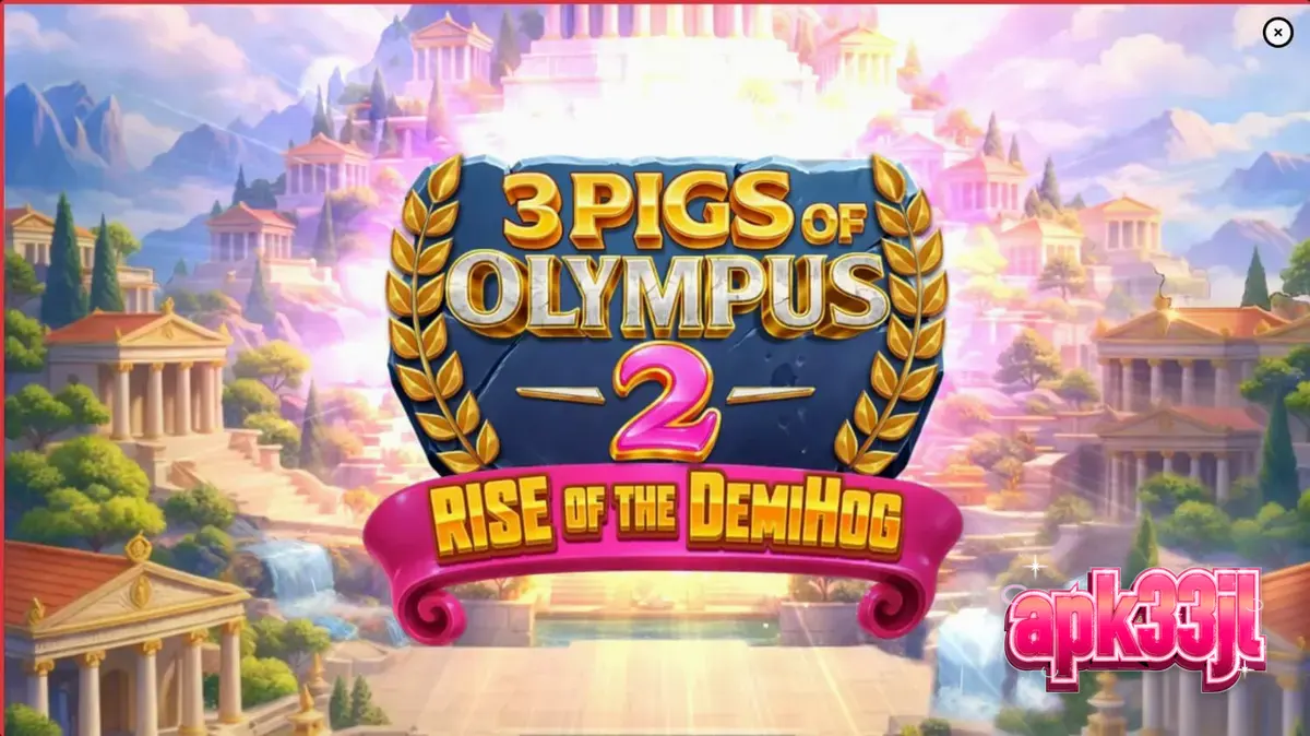 Tampilan visual slot 3 Pigs of Olympus 2 dengan tema mitologi Yunani dan karakter babi.